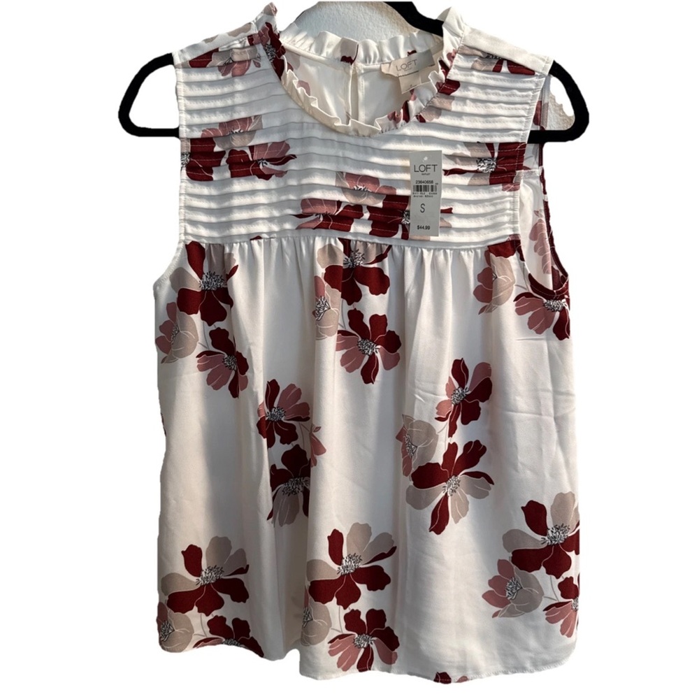 LOFT White Sleeveless Floral Pintuck Yoke Top - Red & Blush